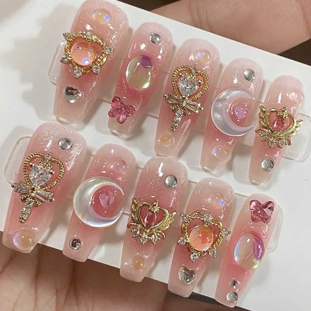 Nail Art Maroon - 24 ピース/箱高級ピンクロング棺偽爪 Y2K ムーンスターラインストーンプレス爪手作りフルカバー再利用可能な付け爪