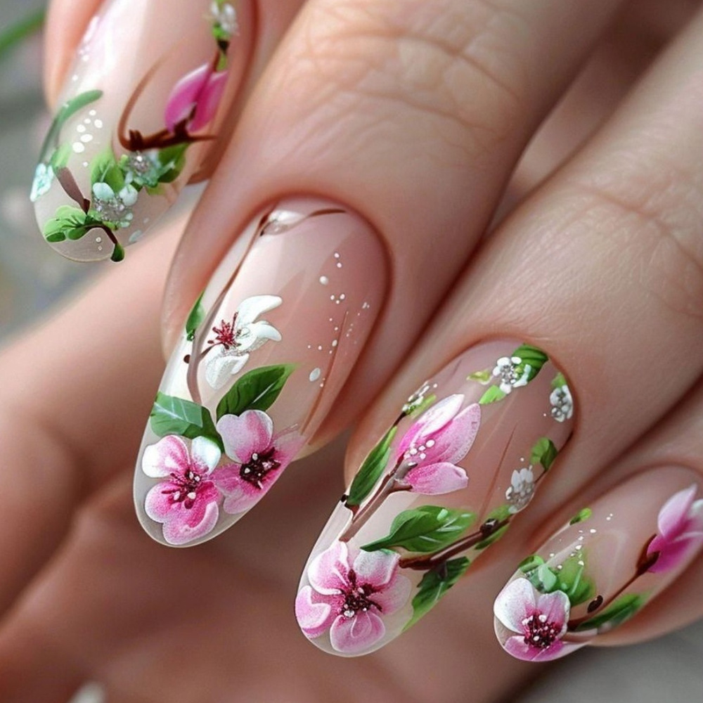 Press On Nail Set - 短いアーモンドの偽の爪,接着剤付きの3D花,カラフルな天然アクリル,フルカバーのセット