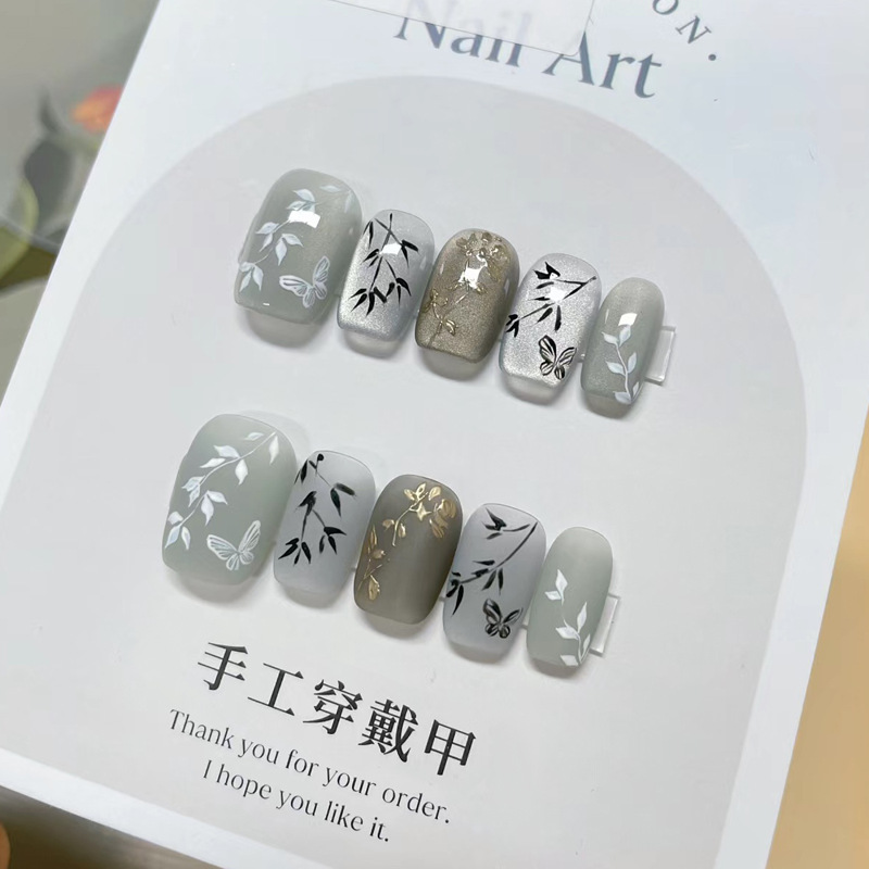 Press On Nail Set - 24枚セット 新中国風 竹模様 プレスオンネイル フェイクアクリル ミディアムネイル