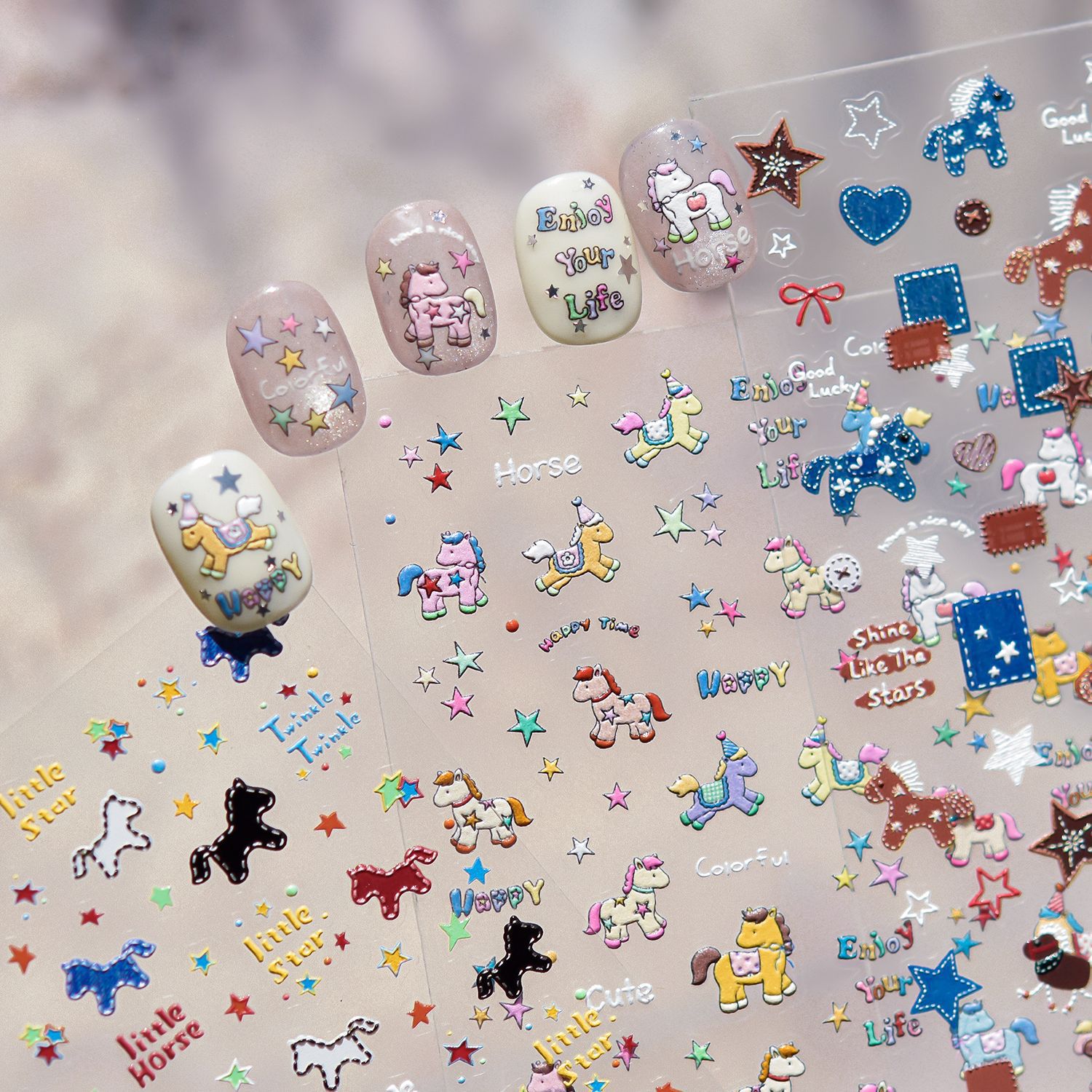Nail Art Denim - レトロデニムポニー馬パッチワーク五芒星ボタンラブハートスター蝶結びグラフィティ粘着ネイルチップアートステッカーマニキュアデカール
