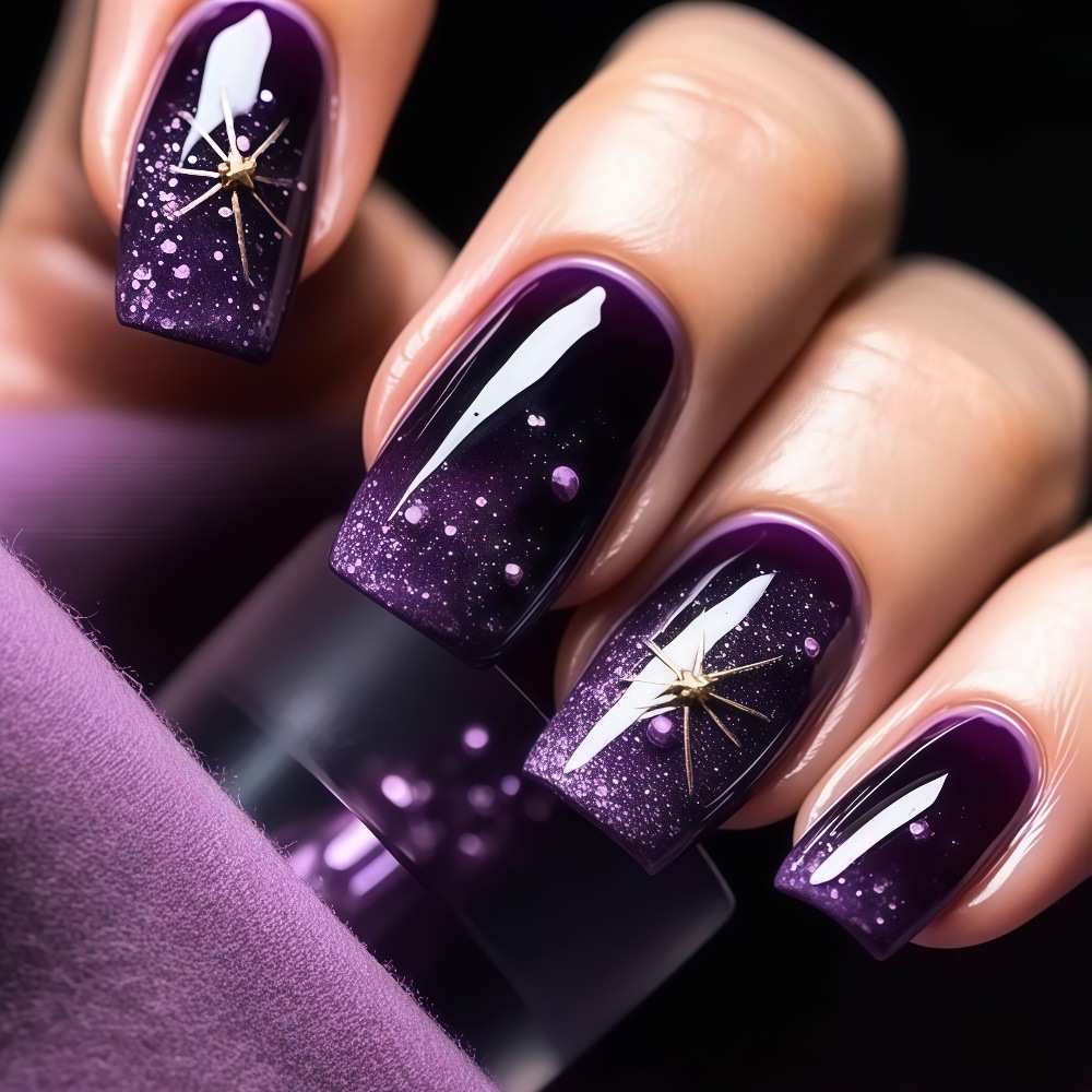 Press On Nail Set - 短いミディアムサイズのフェイクネイル、グラデーションパープルブルーのスクエアネイルチップ、ゴールドシルバーの星型装飾付き、プレスオンタイプのつけ爪