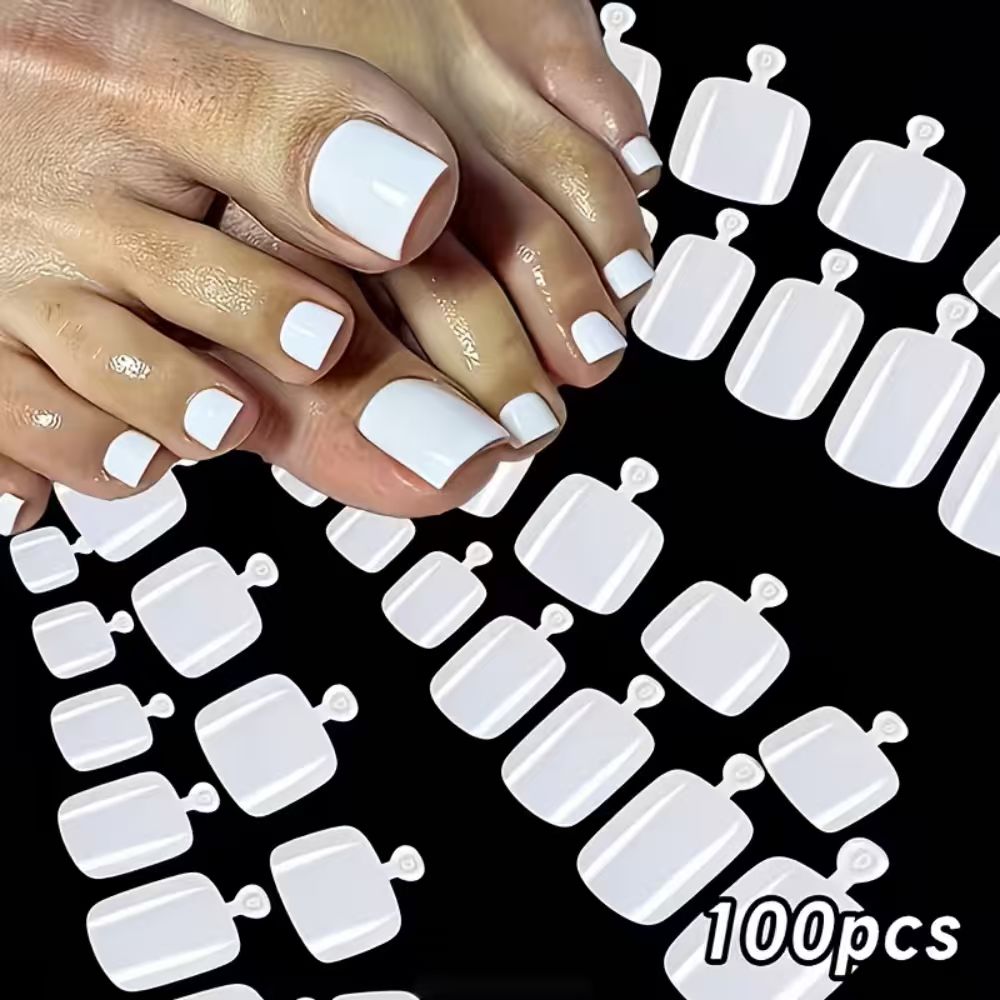 Press On Nail Set - 100枚入り/箱 フレンチチップ つけ爪 ホワイトカラー システムスクエア型 フットネイル