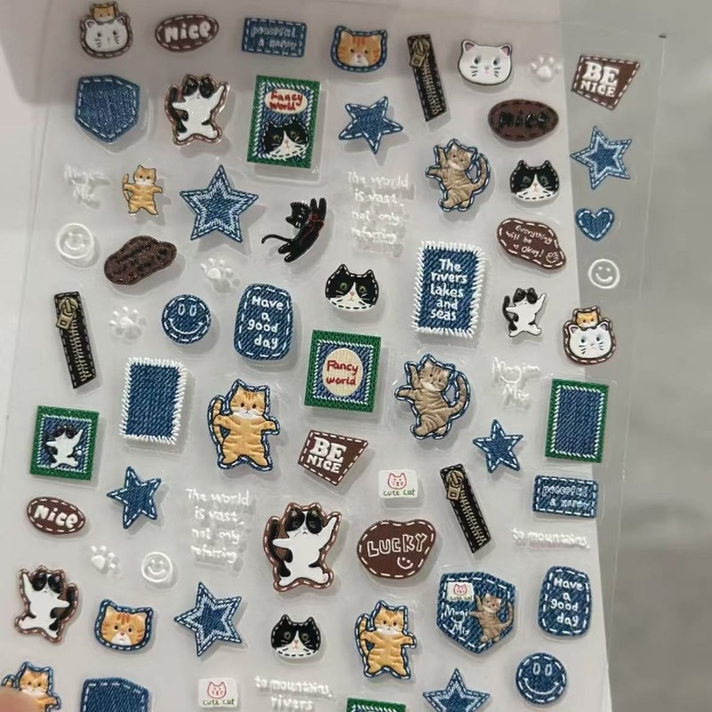 Nail Art Denim - アメリカンレトロデニム猫3Dレリーフステッカー - DIYキュートな漫画デカール、スマホケース＆カメラネイルアートミニデコレーション（女の子向け）