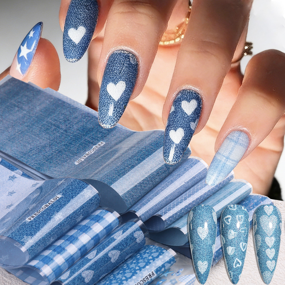 Nail Art Denim - インス風パッチワークスタイルデニムネイルアート転写紙、キュートなハートと星のブルーデニムテクスチャネイルデザイン - Y2Kクールガールネイルアートデコレーション
