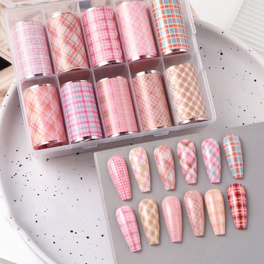 Nail Art Denim - 10ロール入り 新デザイン フレッシュネイルフォイル 転写紙ステッカー チェック柄スライダー デニムネイルラップ