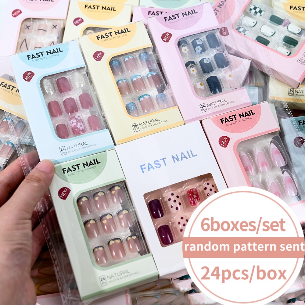 6箱セット ショートスクエアフェイクネイル ラブデザイン プ - Press On Nail Set のレビューと価格