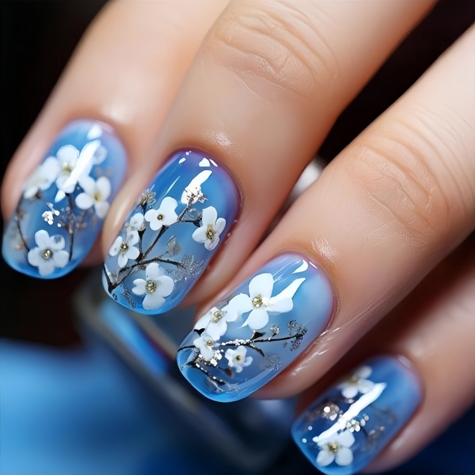 女性・女の子向けミディアムサイズのつけ爪 春夏の花柄 青・紫 - Press On Nail Set のレビューと価格