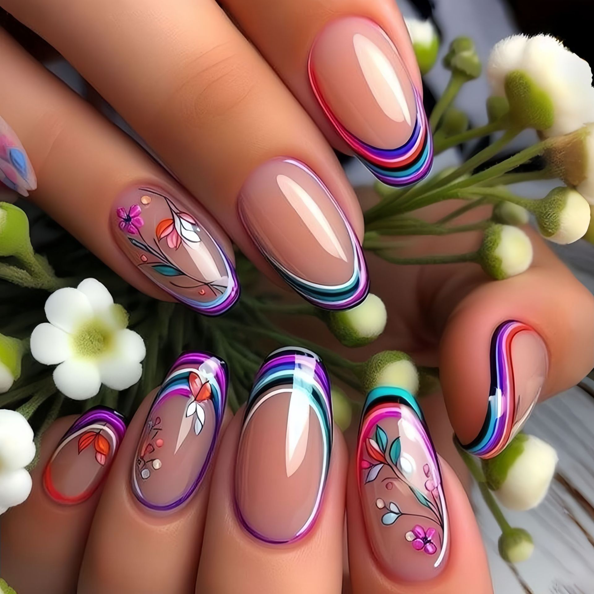 女性・女の子向けミディアムサイズのつけ爪 春夏の花柄 青・紫 - Press On Nail Set のレビューと価格