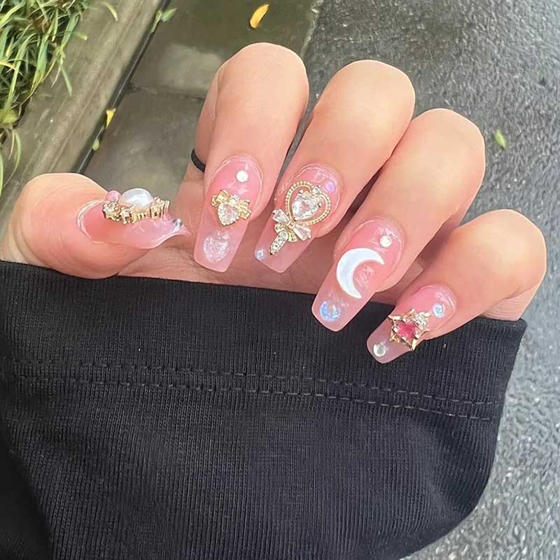 24 ピース/箱高級ピンクロング棺偽爪 Y2K ムーンスター - Nail Art Maroon のレビューと価格