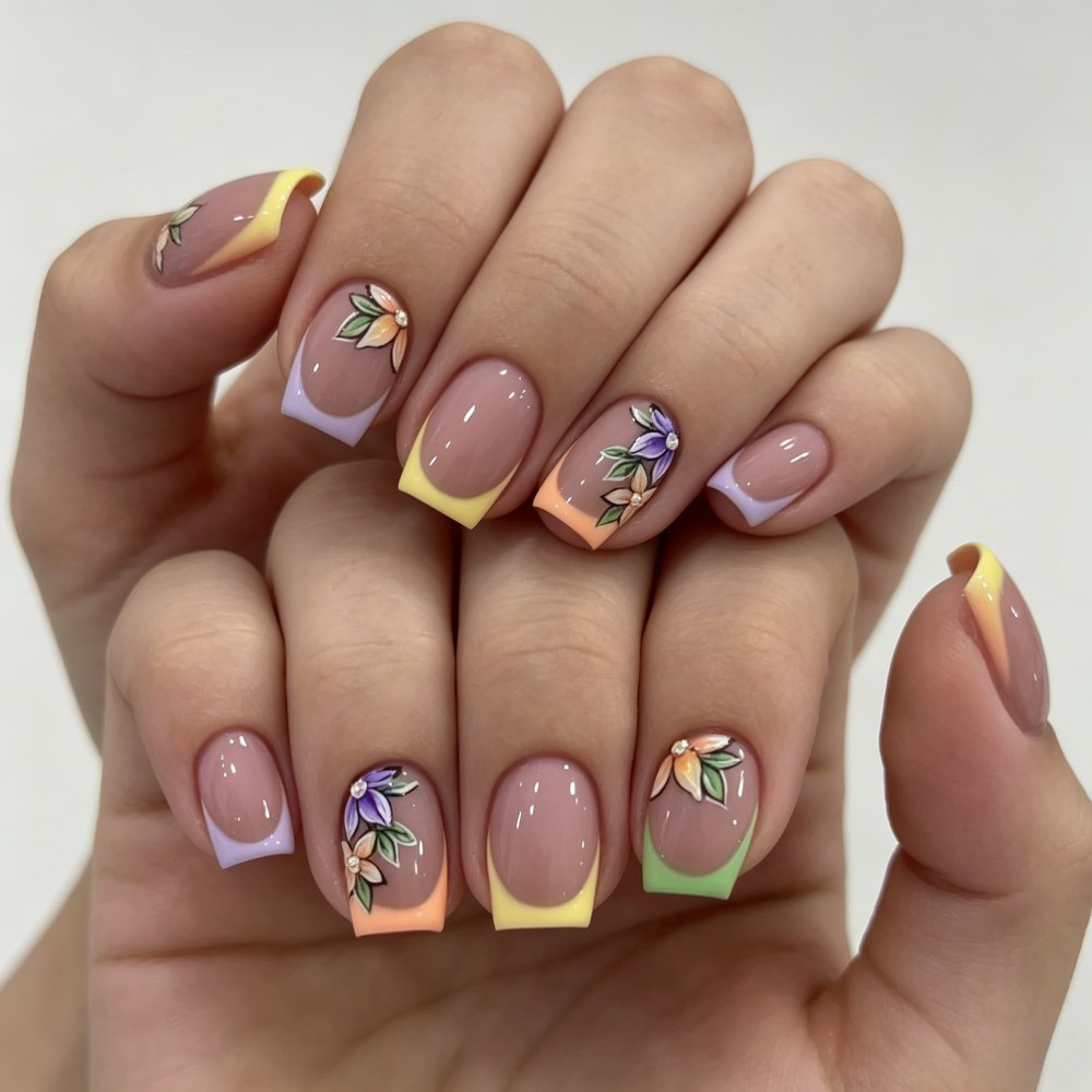 24枚入り ピンクの花柄フレンチチップ 光沢＆エレガントなフ - Press On Nail Set のレビューと価格