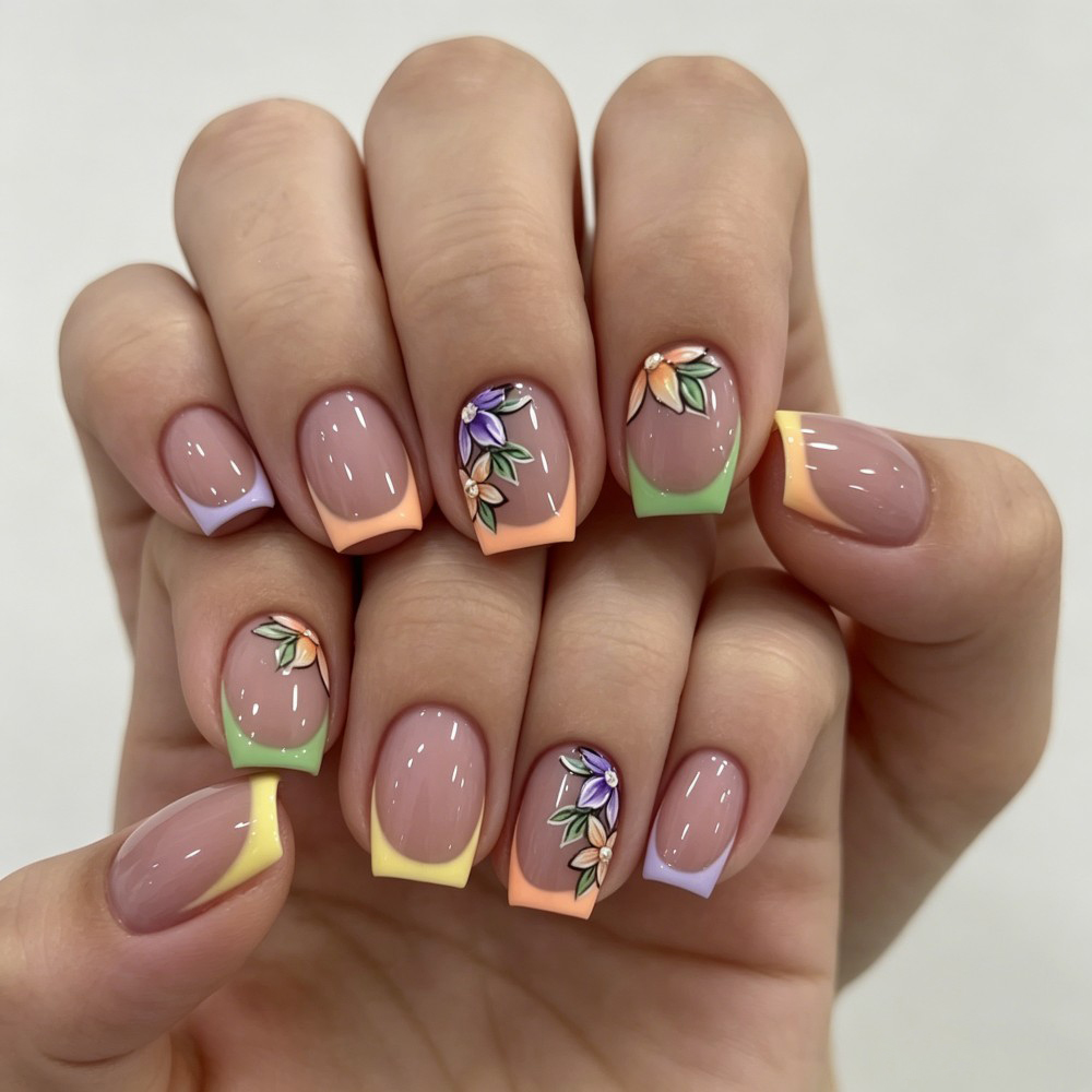 24枚入り ピンクの花柄フレンチチップ 光沢＆エレガントなフ - Press On Nail Set のレビューと価格