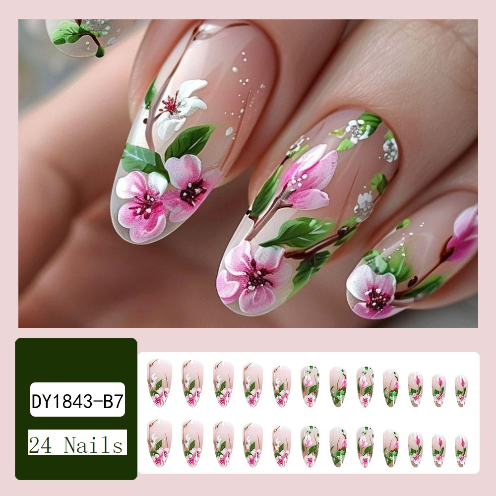 短いアーモンドの偽の爪,接着剤付きの3D花,カラフルな天然ア - Press On Nail Set のレビューと価格