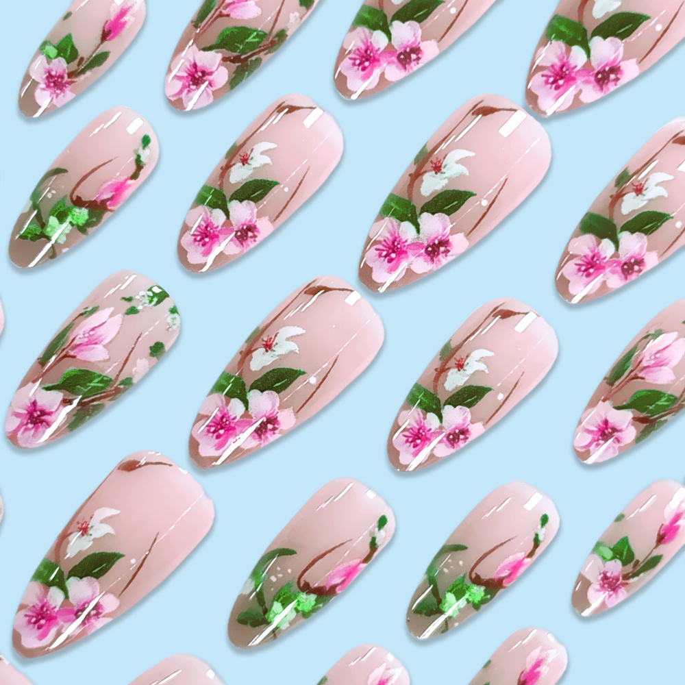 短いアーモンドの偽の爪,接着剤付きの3D花,カラフルな天然ア - Press On Nail Set のレビューと価格