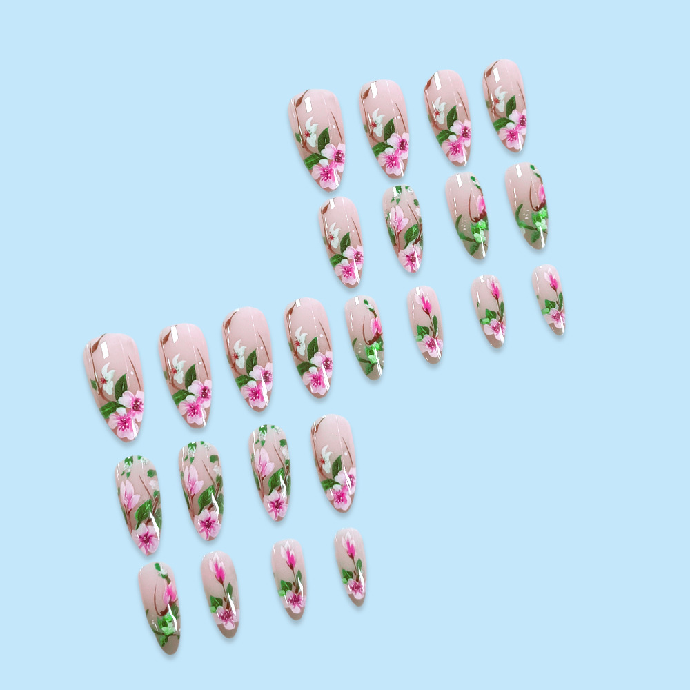 短いアーモンドの偽の爪,接着剤付きの3D花,カラフルな天然ア - Press On Nail Set のレビューと価格