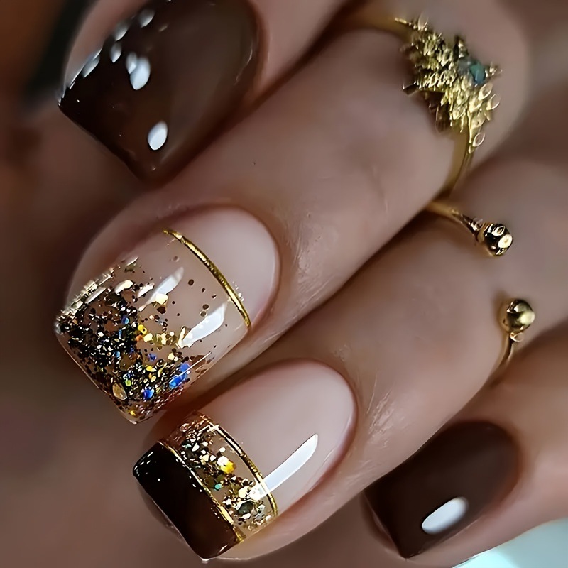 女性用ショートスクエアフェイクネイル、光沢のあるブラウンのチ - Press On Nail Set のレビューと価格