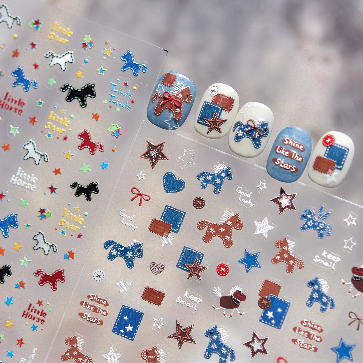 レトロデニムポニー馬パッチワーク五芒星ボタンラブハートスター - Nail Art Denim のレビューと価格