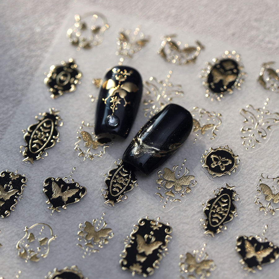 テンソーネイルヴィンテージブラックゴールデンフレーム蝶ネイル - Nail Art Elegan のレビューと価格