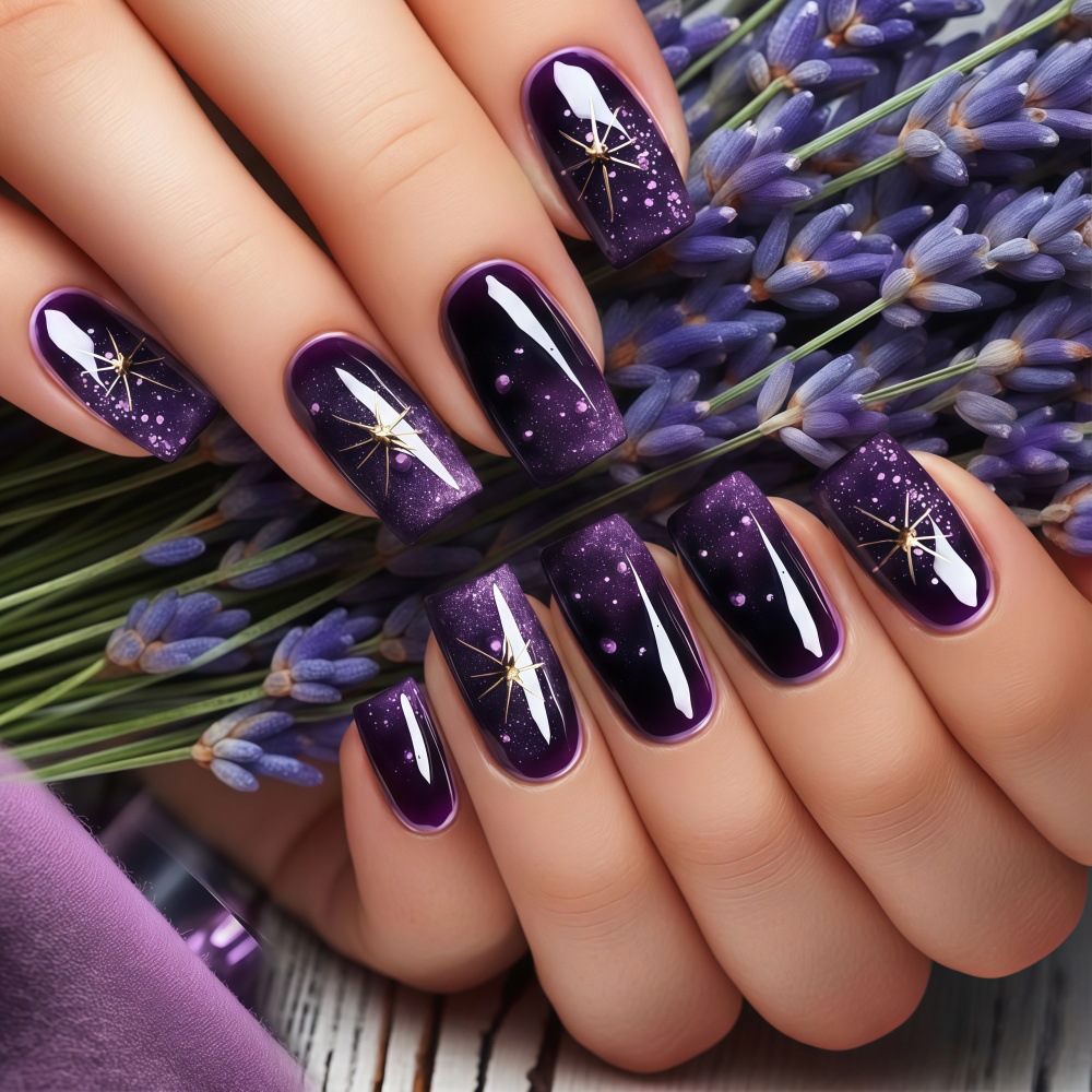 短いミディアムサイズのフェイクネイル、グラデーションパープル - Press On Nail Set のレビューと価格