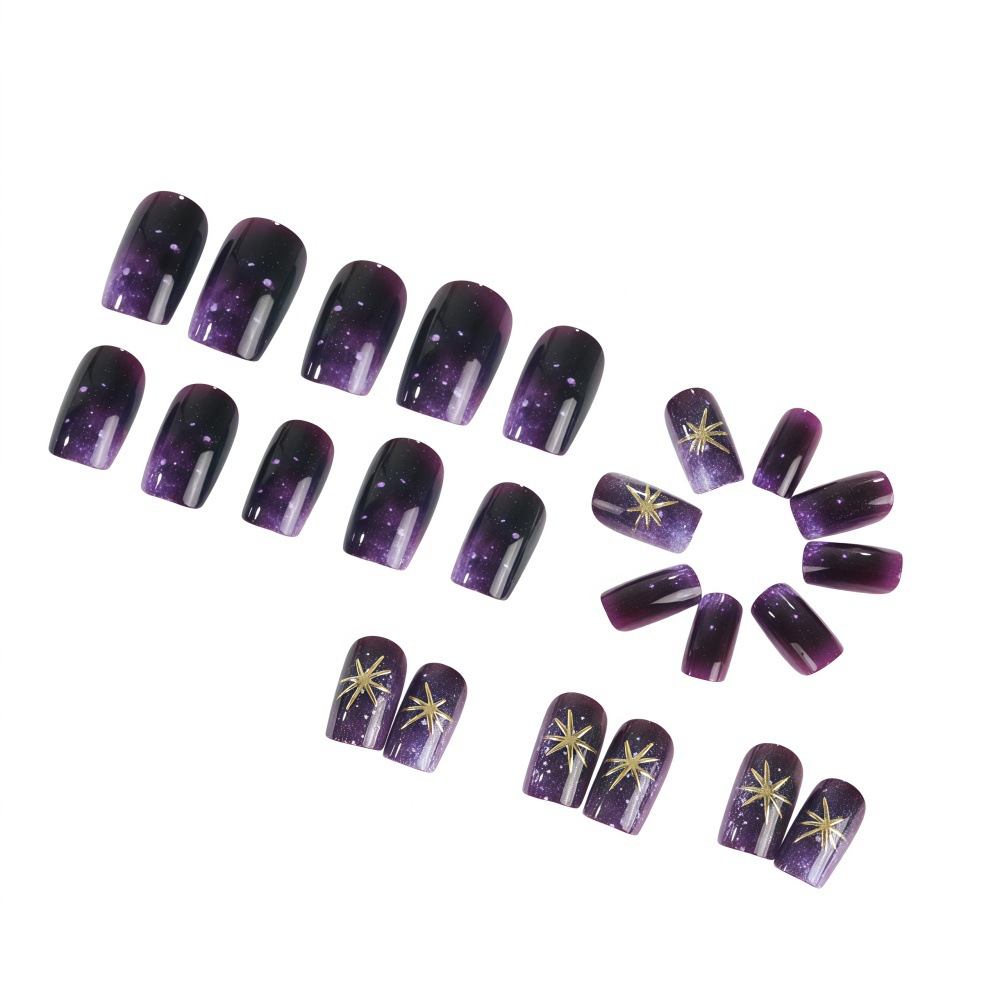 短いミディアムサイズのフェイクネイル、グラデーションパープル - Press On Nail Set のレビューと価格