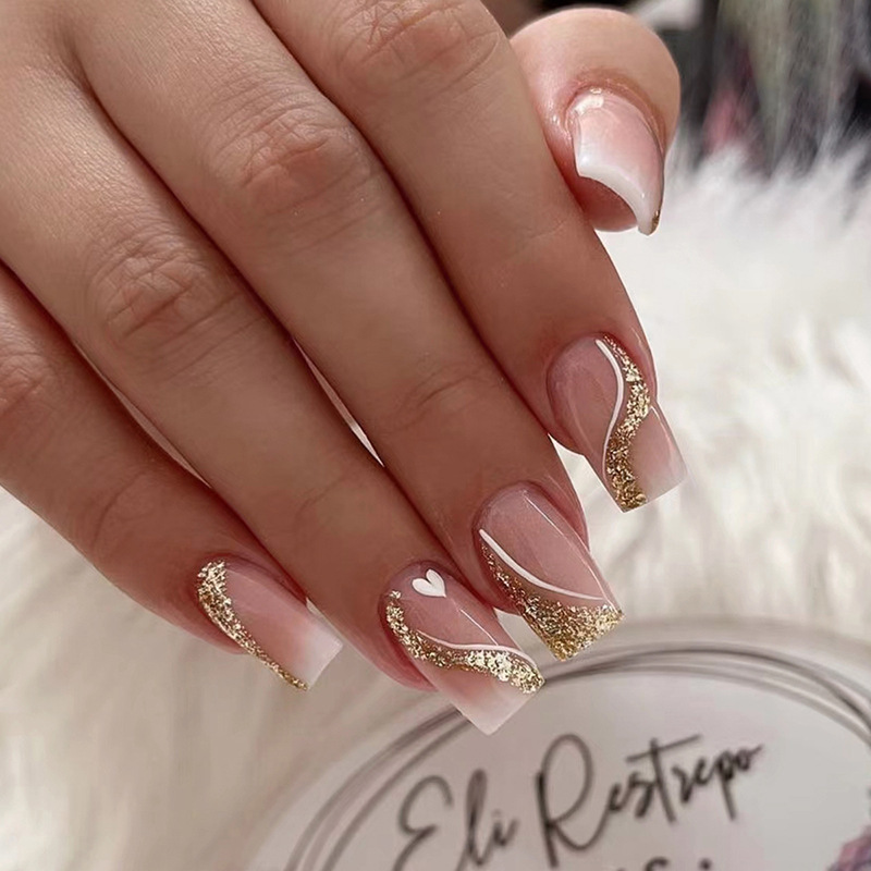 女性用ショートミディアムフェイクネイル、フレンチスクエアネイ - Press On Nail Set のレビューと価格