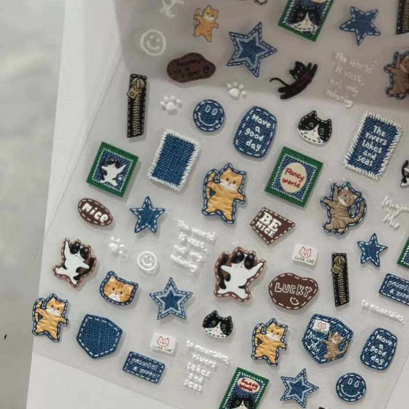 アメリカンレトロデニム猫3Dレリーフステッカー - DIYキ - Nail Art Denim のレビューと価格