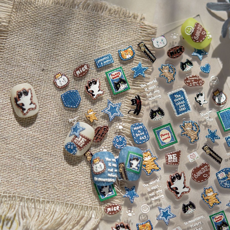 アメリカンレトロデニム猫3Dレリーフステッカー - DIYキ - Nail Art Denim のレビューと価格