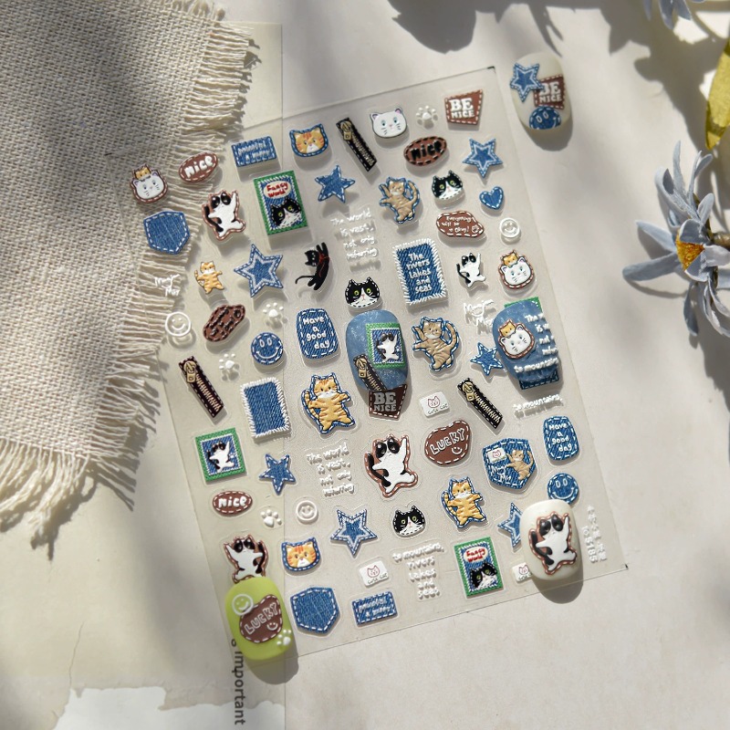 アメリカンレトロデニム猫3Dレリーフステッカー - DIYキ - Nail Art Denim のレビューと価格