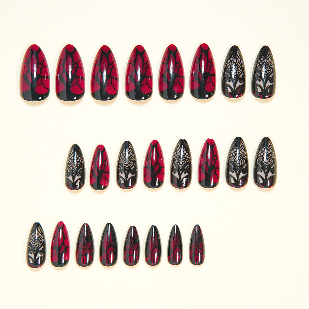 女性用ミディアムサイズのつけ爪、ダークレッドとブラックのフロ - Press On Nail Set のレビューと価格