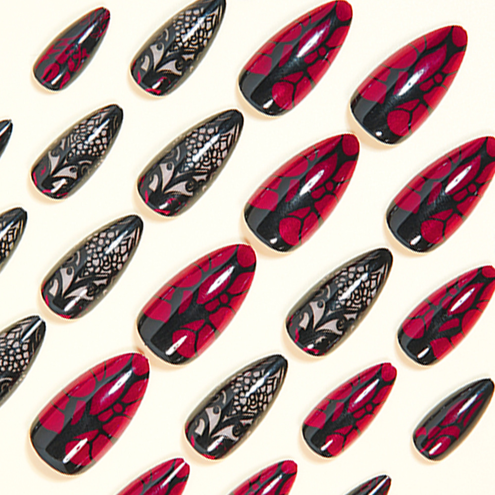 女性用ミディアムサイズのつけ爪、ダークレッドとブラックのフロ - Press On Nail Set のレビューと価格