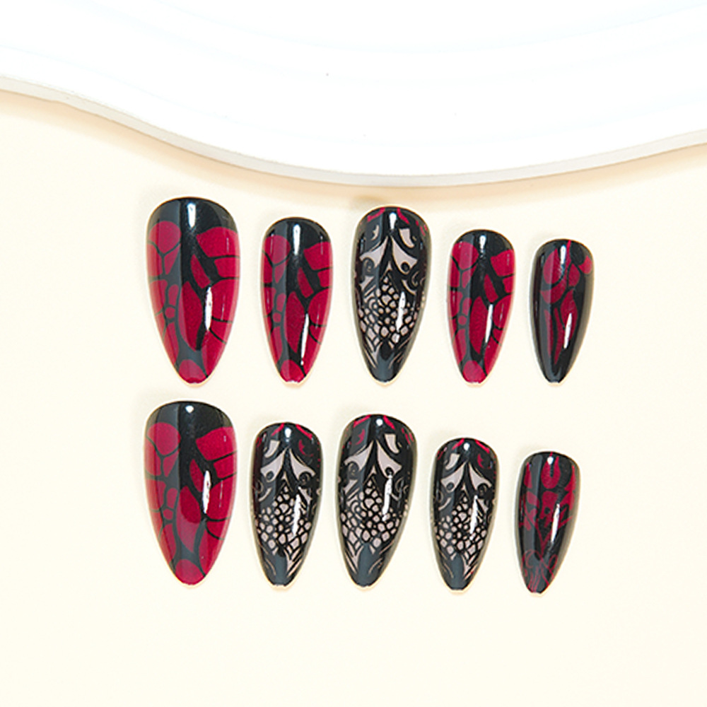 女性用ミディアムサイズのつけ爪、ダークレッドとブラックのフロ - Press On Nail Set のレビューと価格